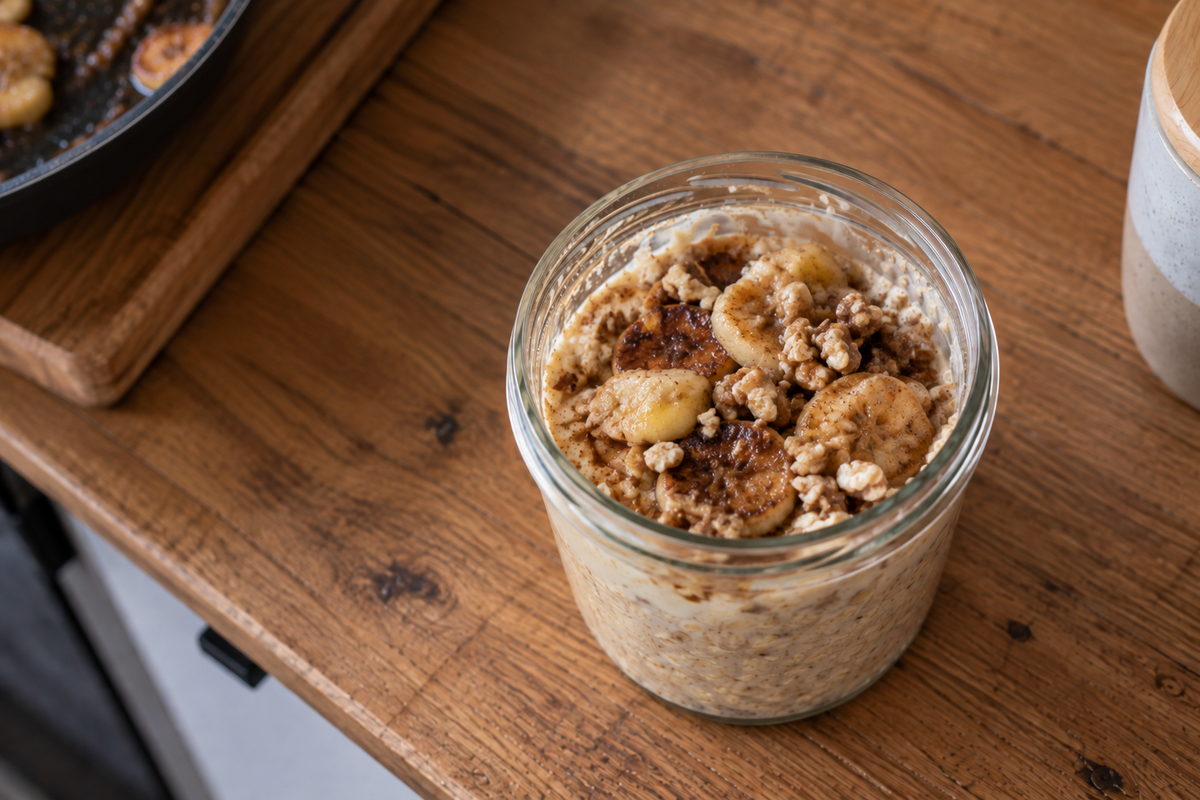 Overnight Oats mit karamellisierter Banane & Walnüssen